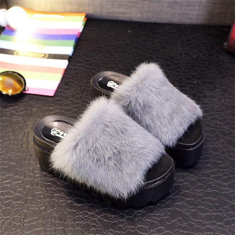 

Furry Peep Toe Flat Indoor Outdoor Casual Slipper For Women, Grey black dark grey