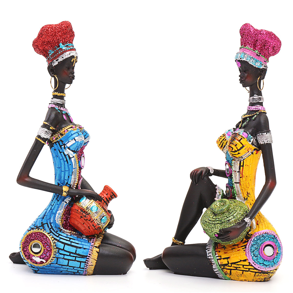 

Exotic African Tribal Woman Resin Statue, Blue / yellow blue