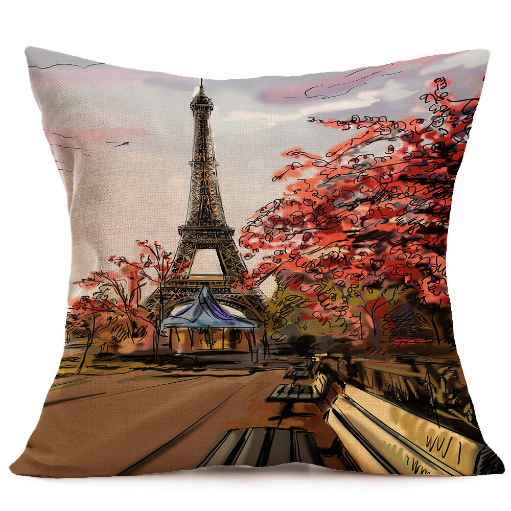 

Eiffel Tower Printing Cotton Linen Pillow Case Cushion Cover, White