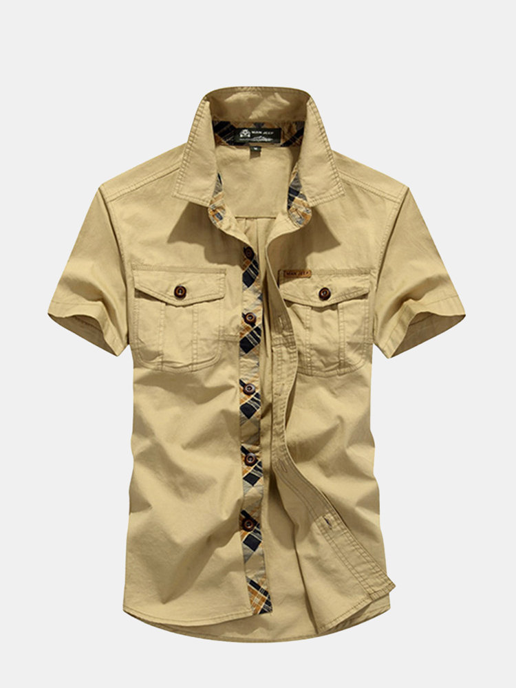 

NIANJEEP Outdoor Casual Cotton Double Chest Pockets Loose Fit Short Sleeve Dress Shirts for Men, Navy blue khaki army green