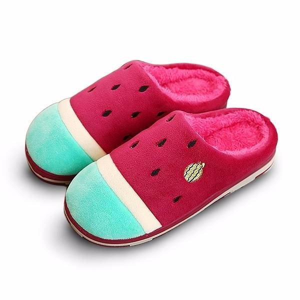 

Cute Cartoon Watermelon Warm Indoor Slip On Flat Home Shoes, Pink red purple