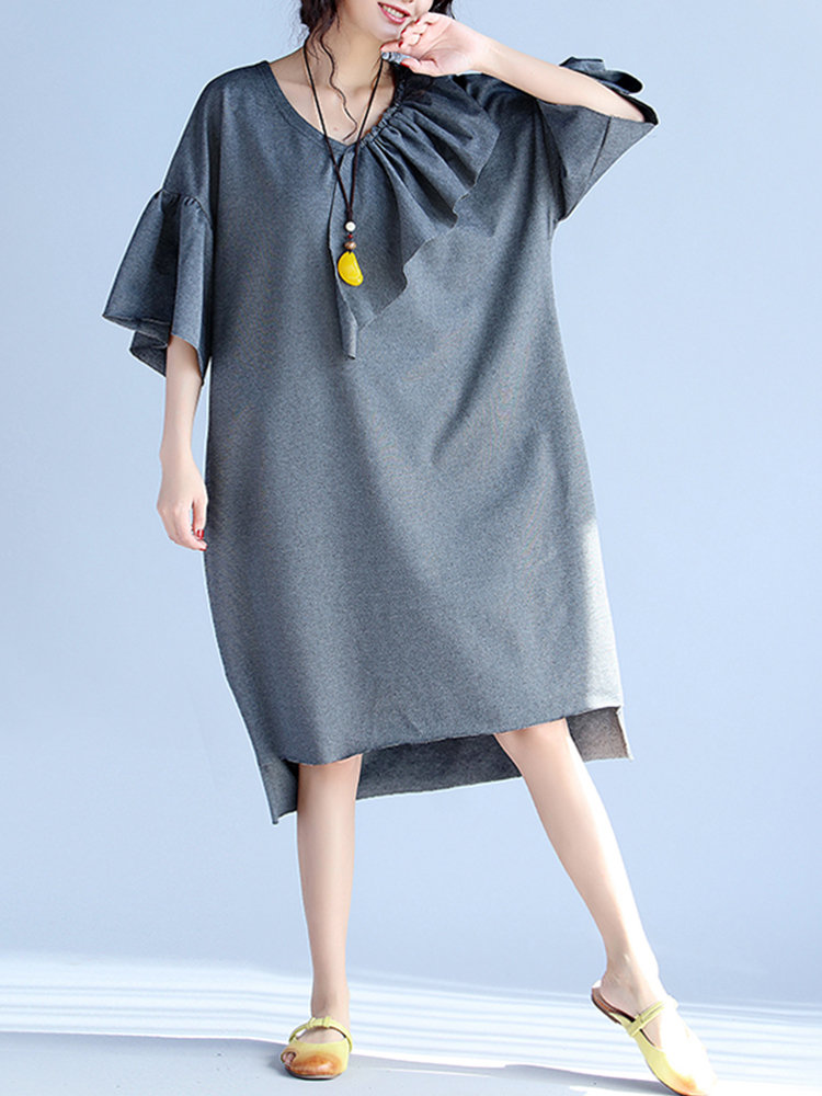 

Casual Women Solid Flared Sleeve V-Neck Ruffles Dress