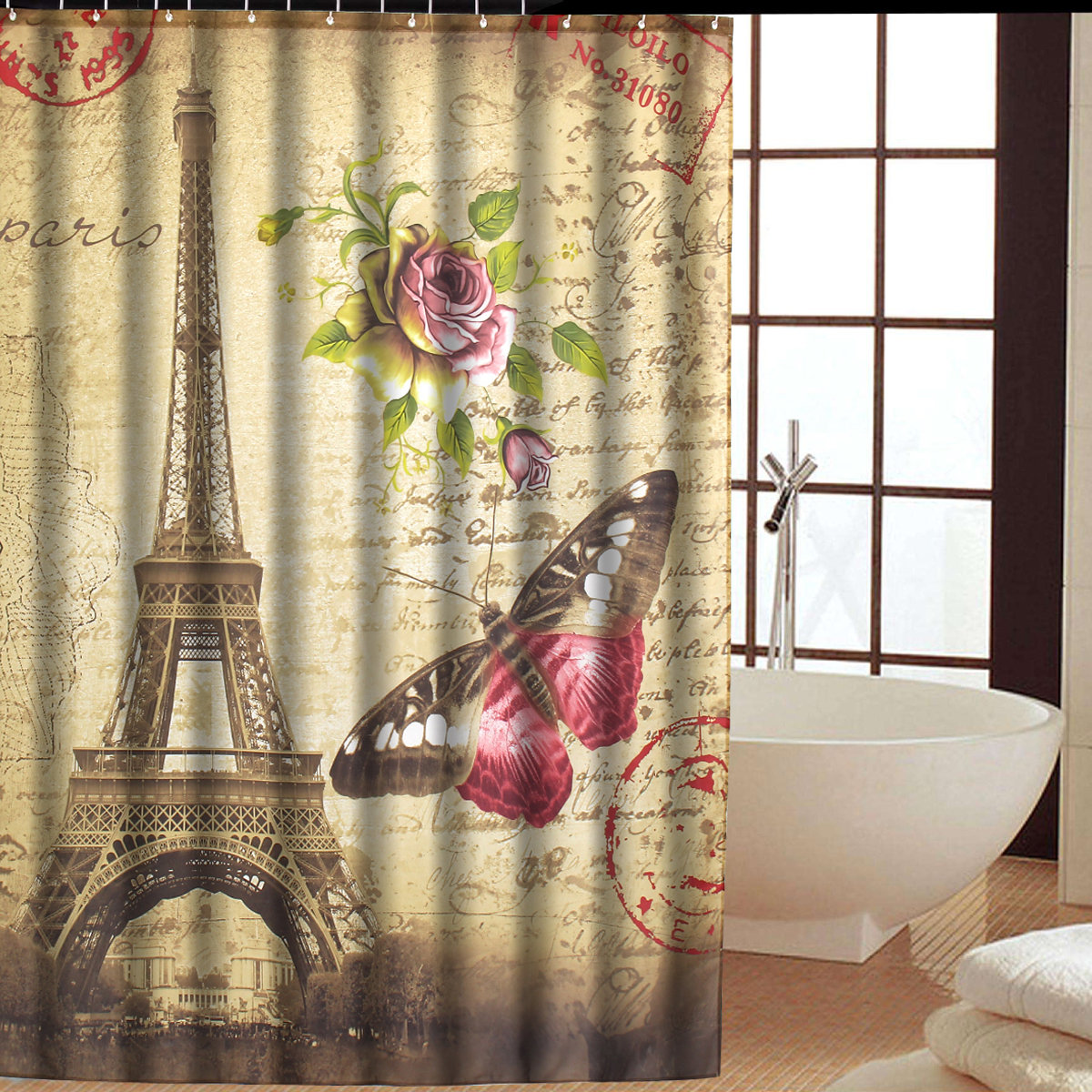 

2 Size Eiffel Tower Design Waterproof Bathroom Curtain Polyester Fabric Bath Curtain With Hooks, White