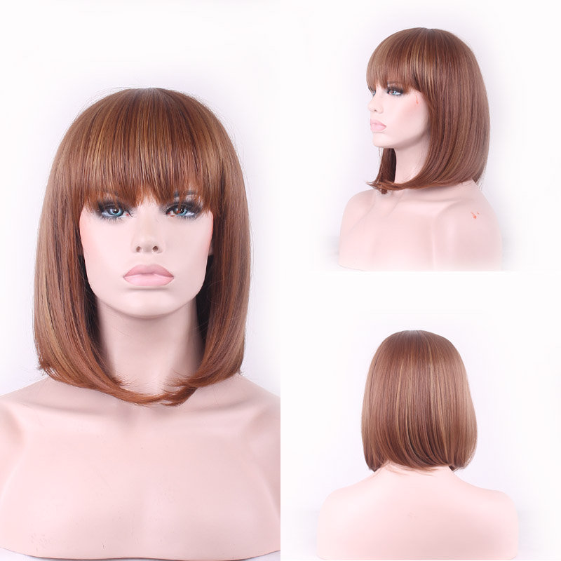 

Short Full Fringe Synthetic Wigs, Brownish red