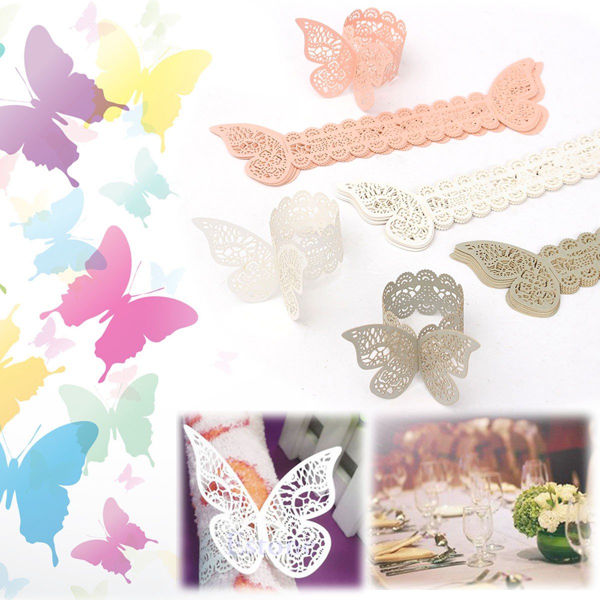 

12 Pcs Butterfly Hollow Out Paper Napkin Buckle Ring Wedding Party Anniversary Decoration, White pink silver