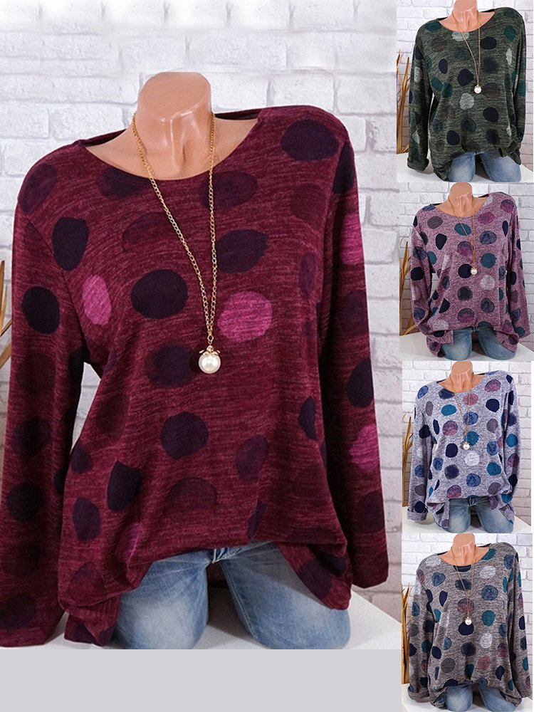 

Polka Dots Casual O-neck T-shirts, Green grey pink coffee wine red