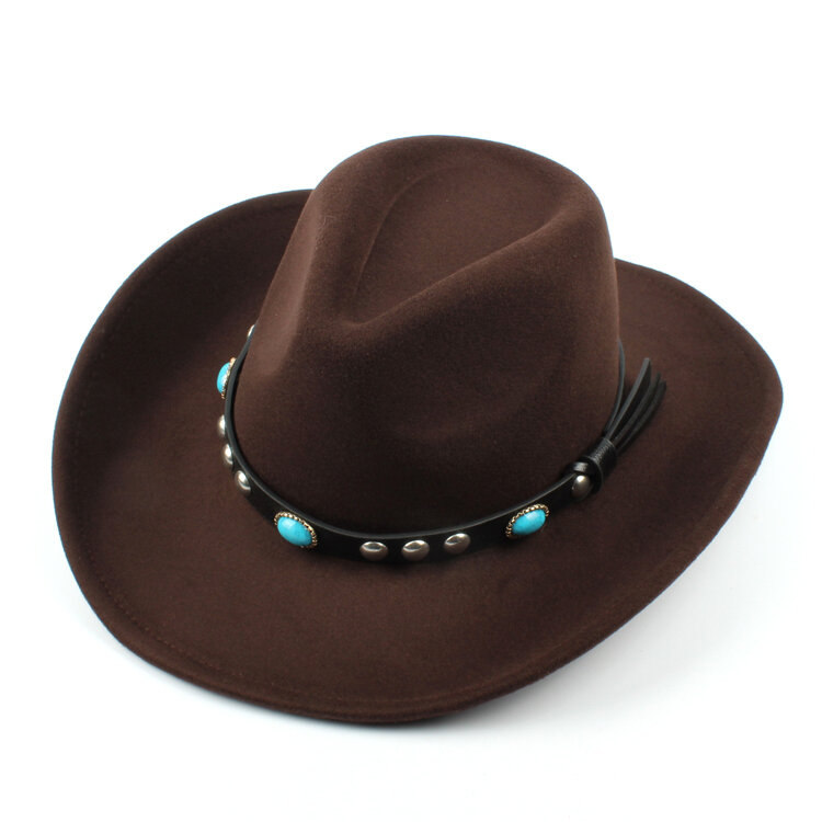 

Mens Women Woolen Western Cowboy Hat Vintage Wide Brim Cowgirl Jazz Cap Horse Riding Hat, Coffee black