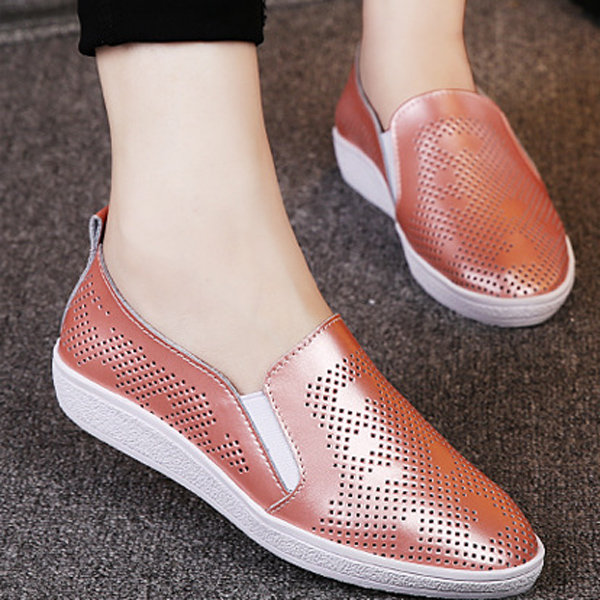

Leather Shiny Hollow Out Breathabel Korean Style Slip On Flat Loafers, White black pink blue