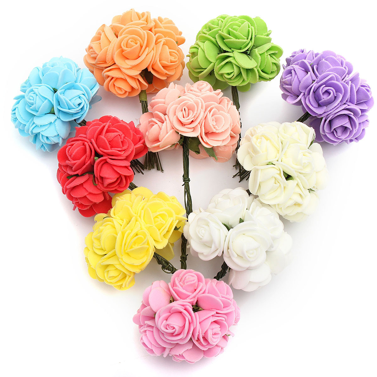 

12PCS Bride Bouquet Paper Rose Flowers With Wire Stems Wedding Home Party Decoration, White purple light pink orange yellow green blue red pink