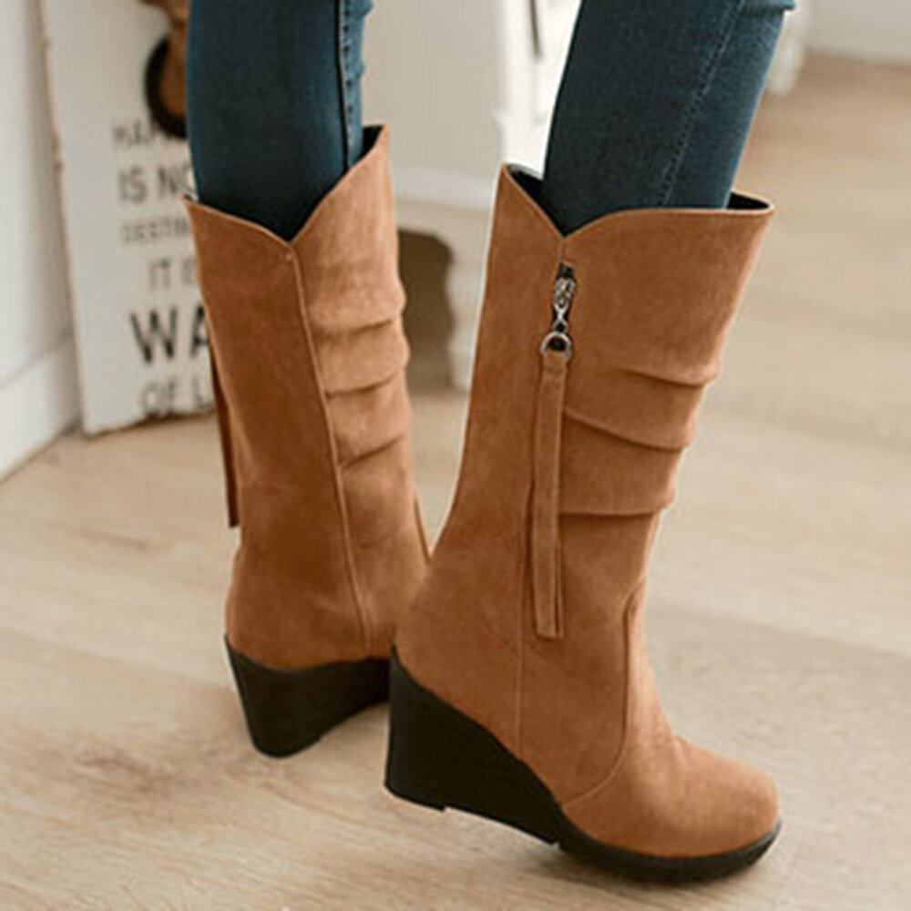 

Suede Round Toe Wrinkle Wedge Boots, Brown