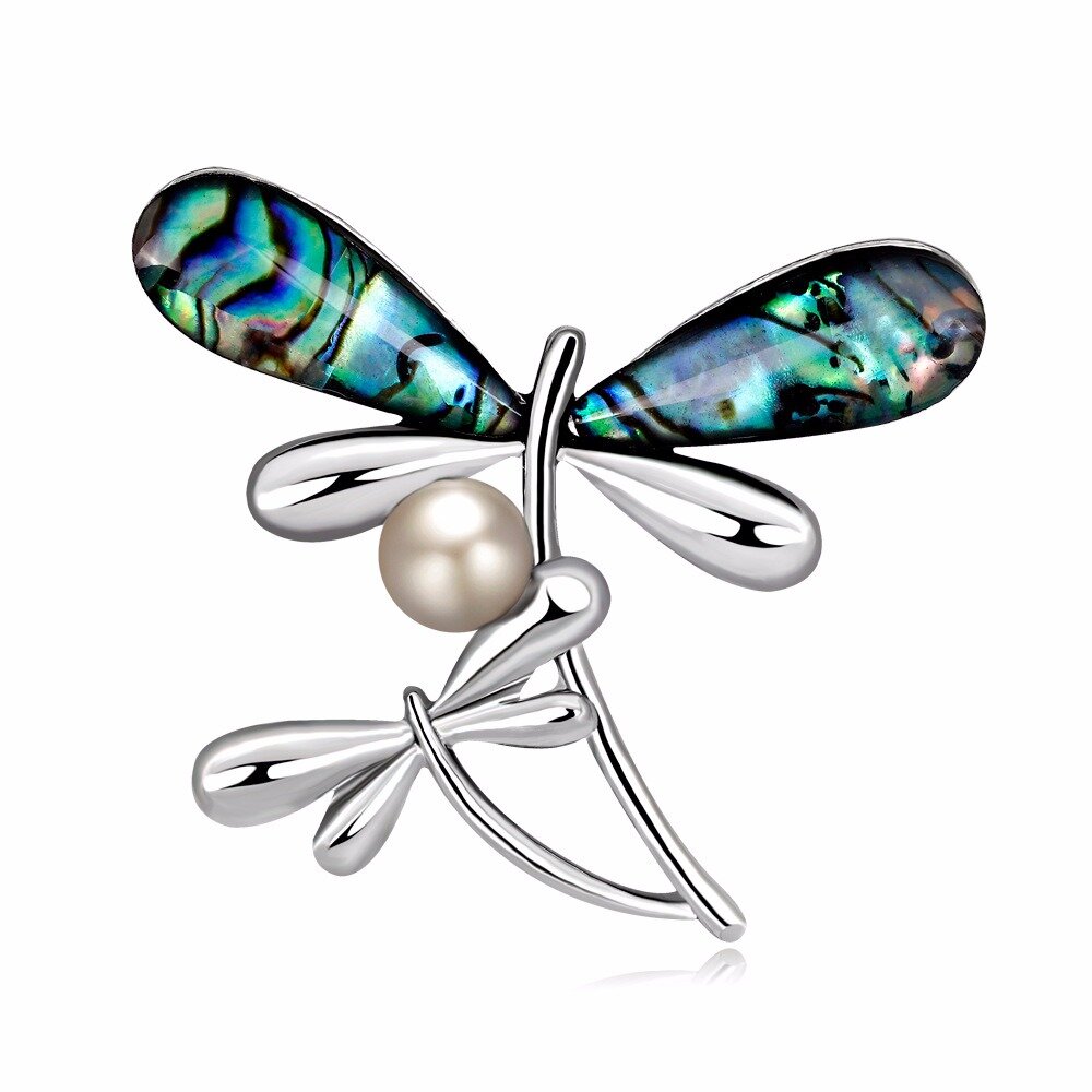 

Elegant Dragonfly Silver Brooch, Black/red/green