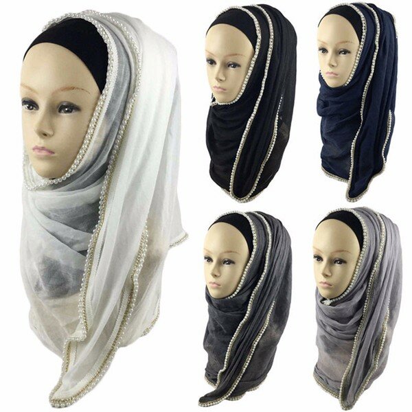 

Women Pearl Floral Bead Hijab Scarf Shawl Muslim Islamic kerchief headpiece, Dark gray light gray white