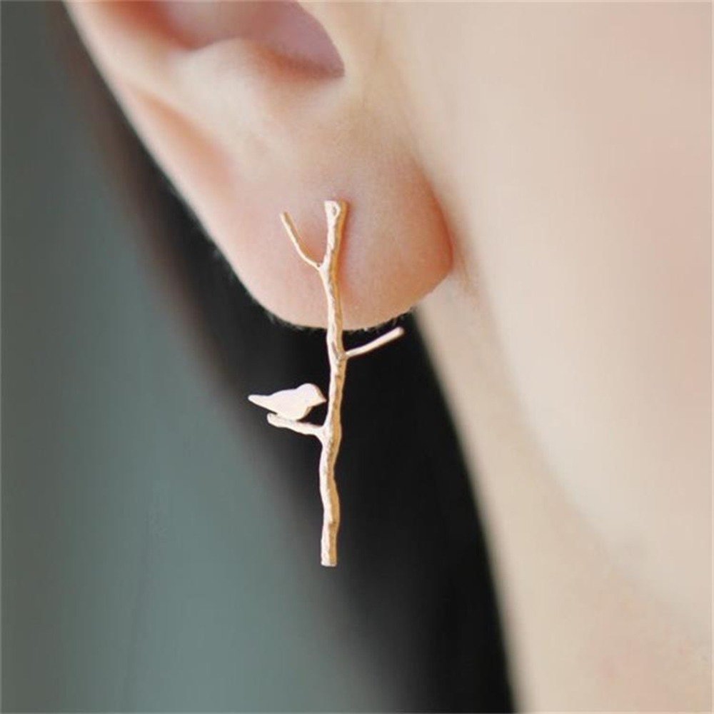 

Cute Bird On Branch Earrings, Silver gold