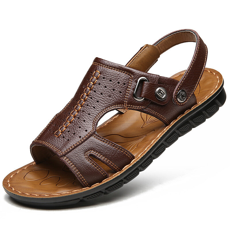 

Men Opend Toe Stitching Leather Sandals, Black brown yellow brown