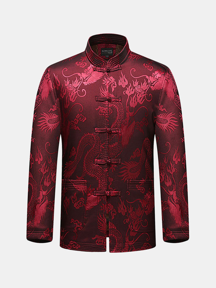 

Dragon Printing National Style Fleece Lined Warm Dress Coat, Red navy
