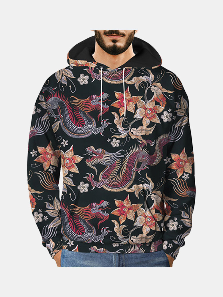 

Embroidery Dragon 3D Printing Hooded Sweatshirt, As picture