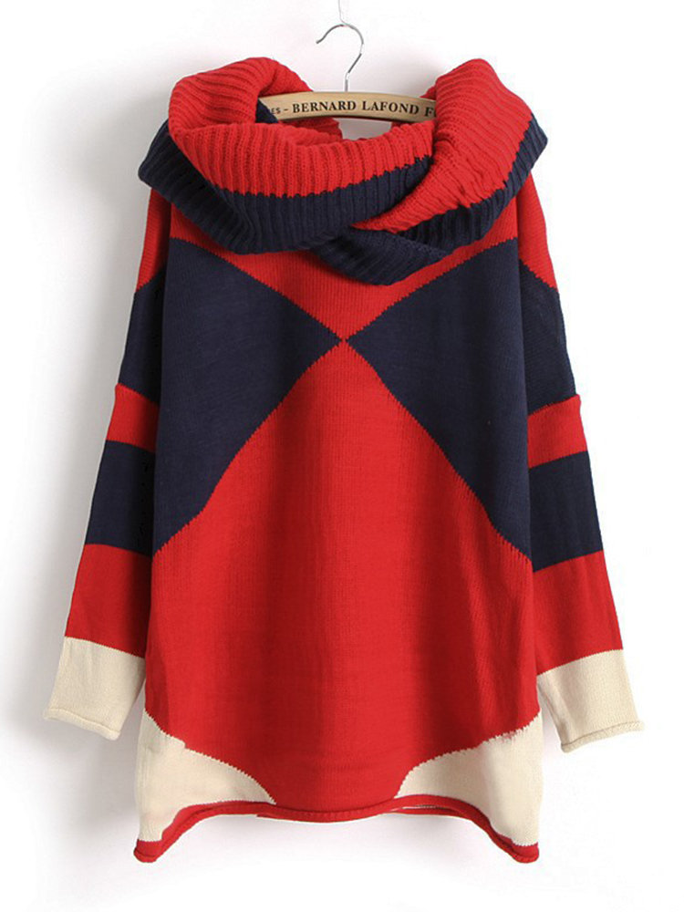 

Women Fashion Elegant Contrast Color Stitching Batwing Sleeve Scarf Knit Blouse, Red green black white