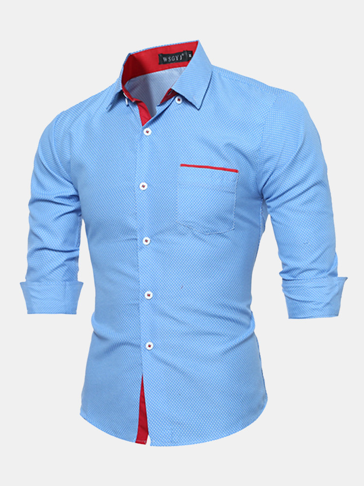 

Design Slim Fit Formal Casual Stitching Dot Buttom Down Chest Pocket Dress Shirt for Men, White sky blue navy