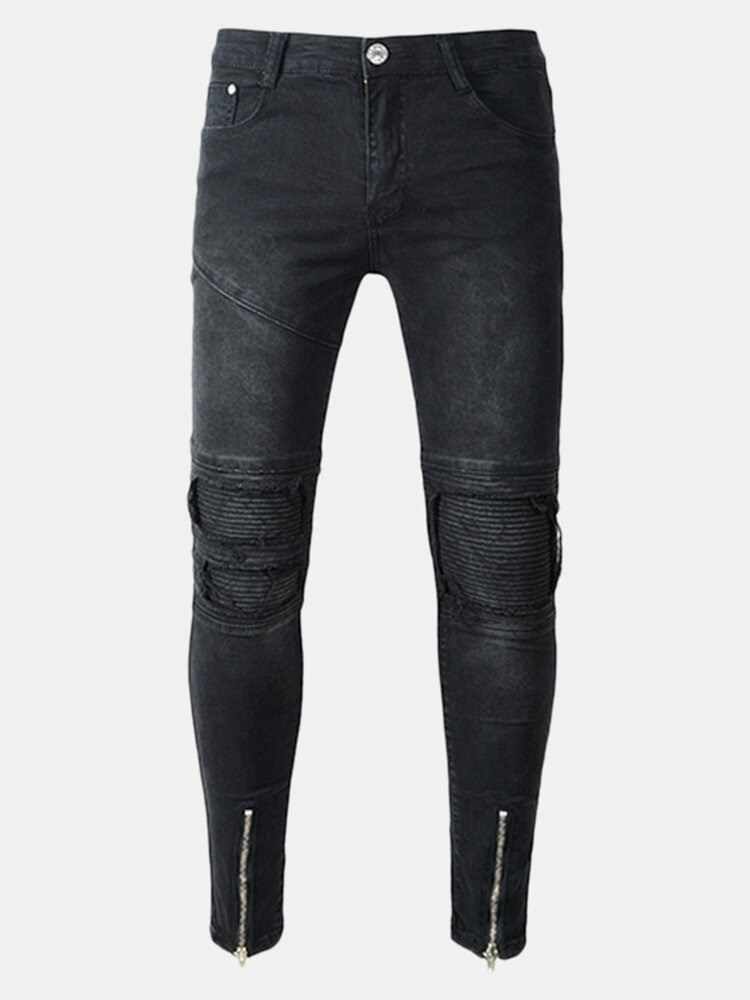 

Biker Fold Holes Zipper Slim Ripped Jeans, Black