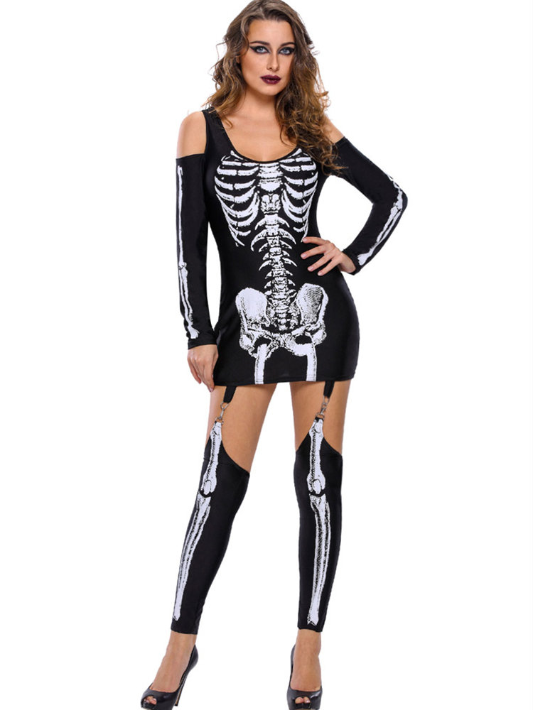 

Halloween Skeleton Cold Shoulder Women Jumpsuits, Black