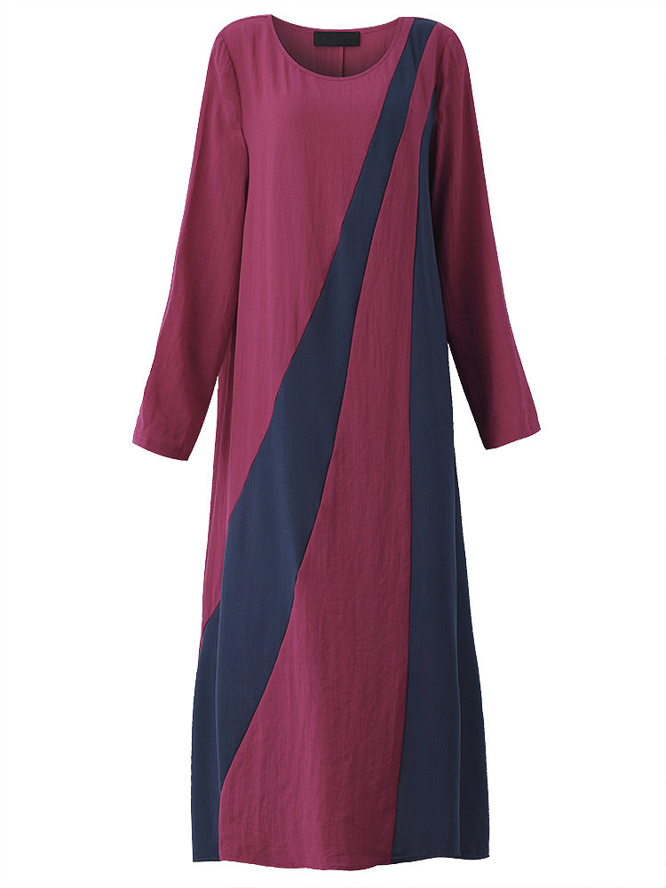 

O-NEWE Vintage Plus Size Contrast Color Patchwork Maxi Dress For Women, Wine red navy coffee