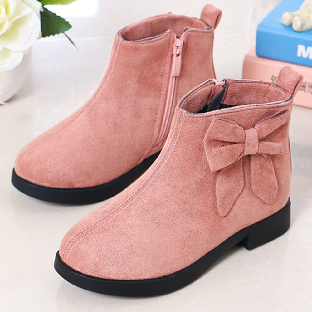 

Girls Suede Bowknot Zipper Short Boots, Black pink wine red camel