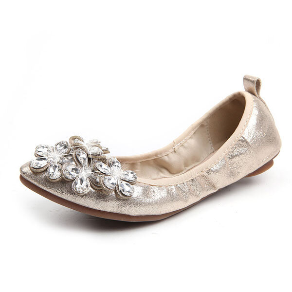

Heart Shaped Flower Bead Crystal Slip On Folded Egg Roll Flat Shoes, Black gold silver