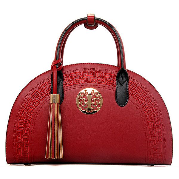 

National Style Semicircle Elegant Handbag, Wine red black white khaki