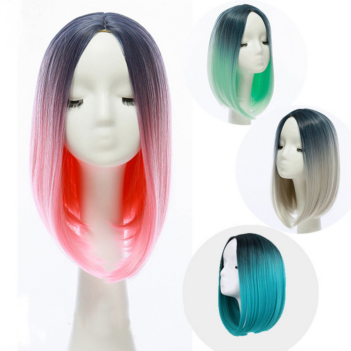 

36cm Gradient Hair Straight Bob Wigs Heat Resistant Synthetic 4 Colors, Black/red/green black/red/blue black/green/red black/white