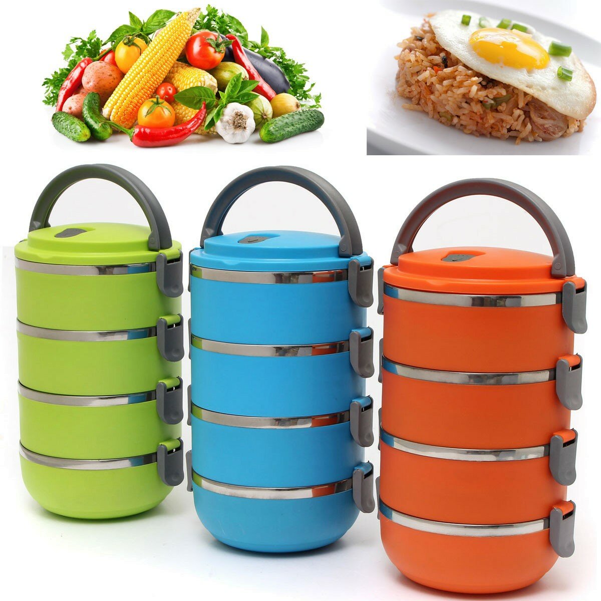

4 Layers Portable Stainless Steel Bento Lunch Box, Green orange blue