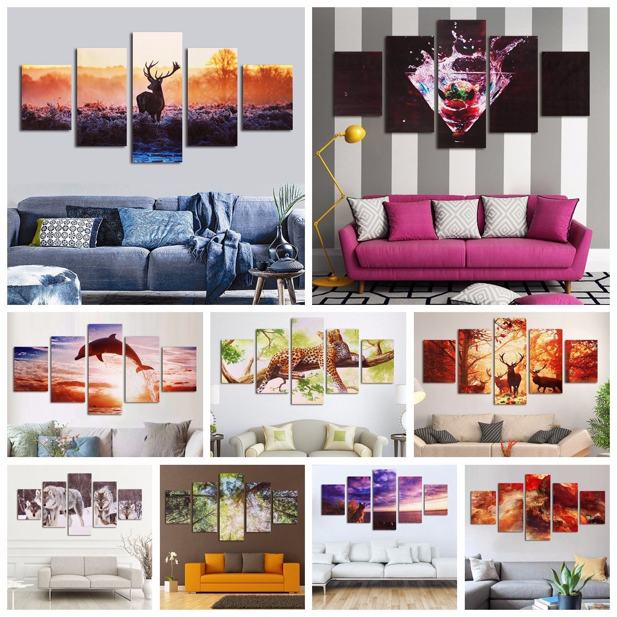 

5Pcs Modern Unframed Canvas Painting, Elk deer tiger leopard horse/grass dophin wolf horse/water hound lotus nebulae planet abstract