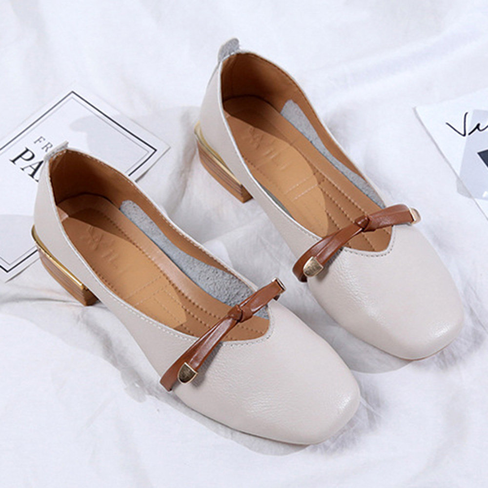 

Leather Strap Low Heel Shoes, White brown