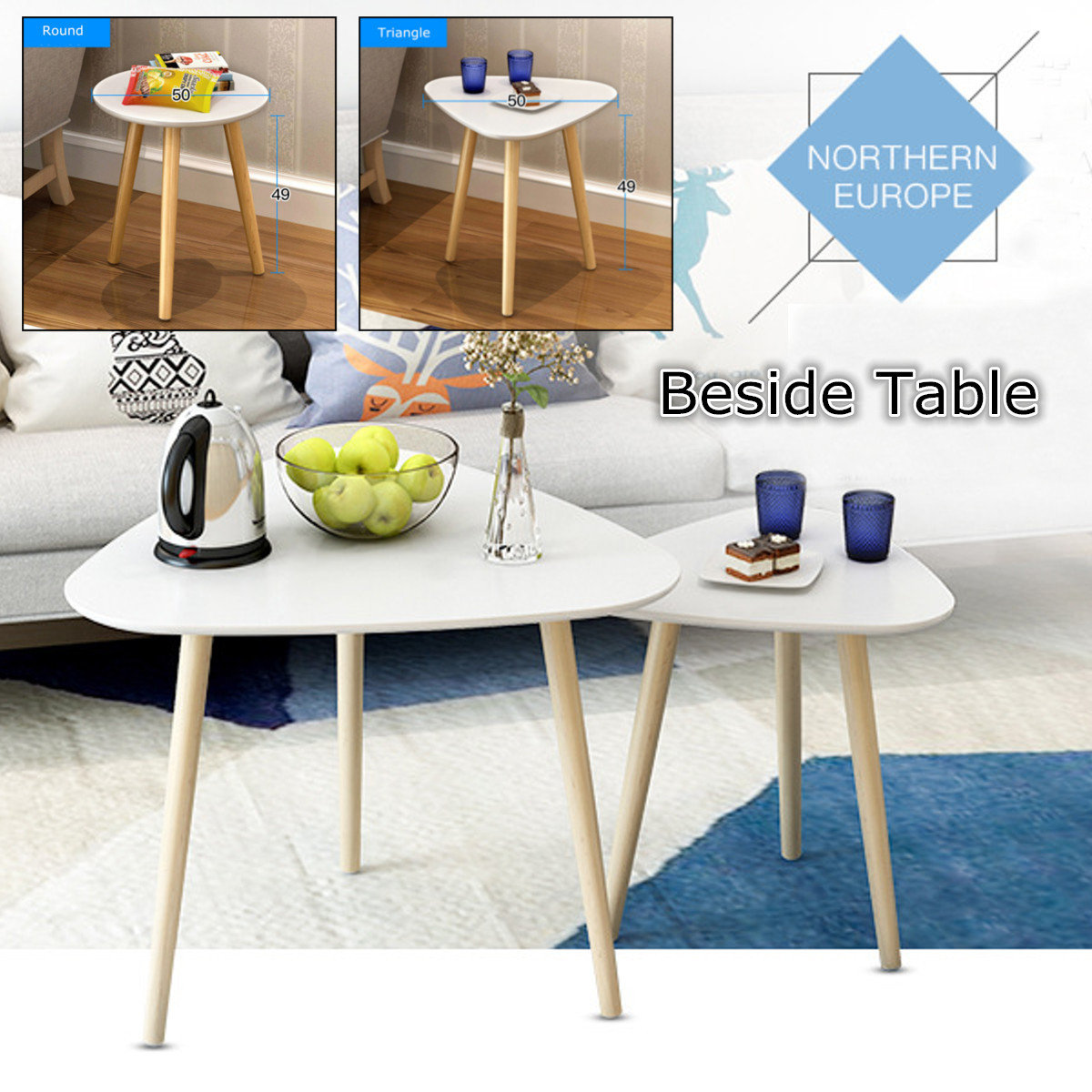 

Bedside Round Triangle Dining Table Coffee Desk Wood Legs, White