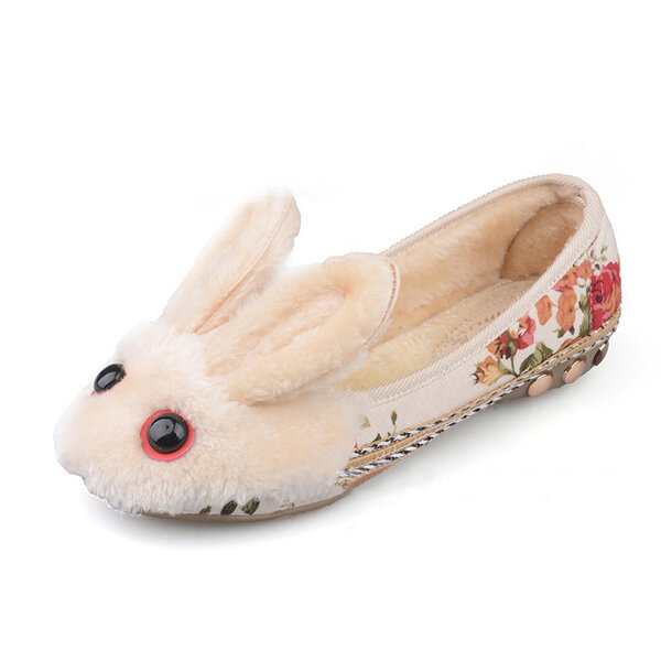 

Bunny Red Eyes Ears Fur Lining Floral Print Cute Flat Loafers, White