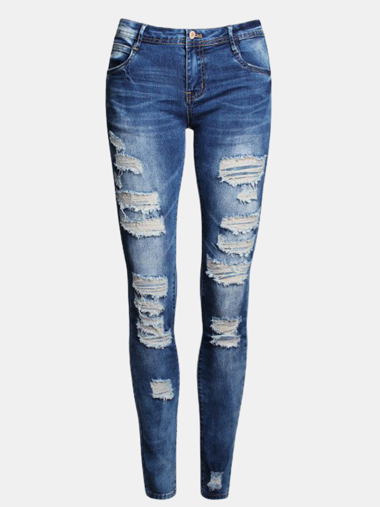 

Low Waist Distressed Ripped Skinny Jeans, Blue