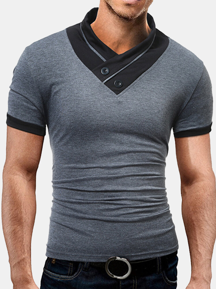 

Mens Summer Casual Stand Collar Short Sleeve T-Shirts Solid Color Slim Fit Buttons Tops, Black blue gray darkgray