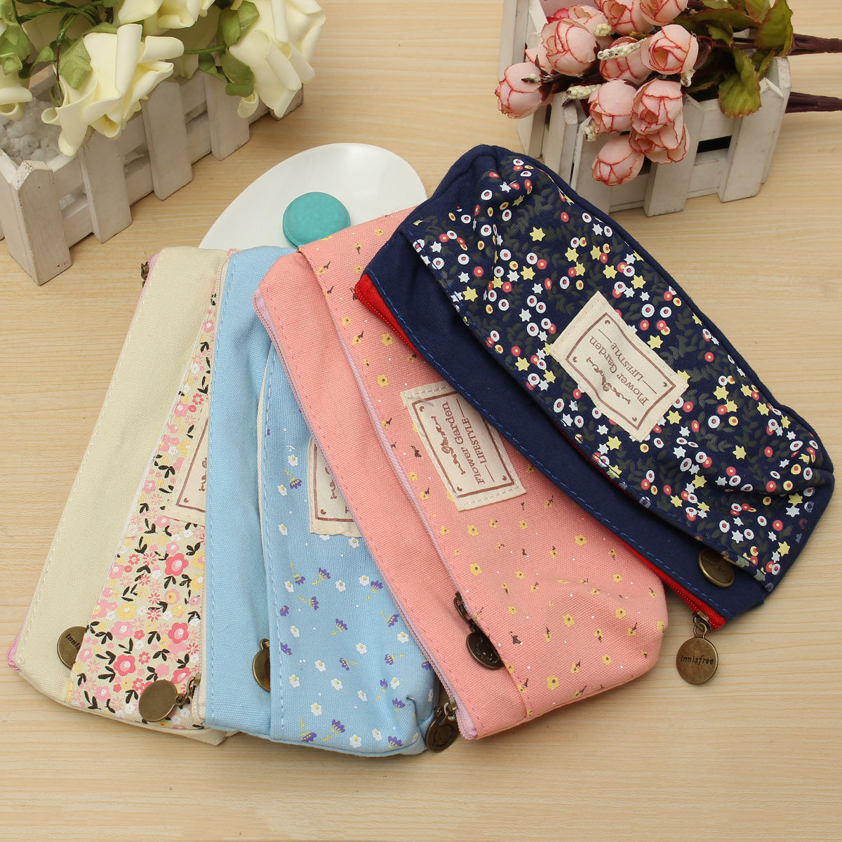 

Cute Kawaii Flower Canvas Pencil Case Cosmetic Makeup Coin Pouch Zipper Bag Purse Nice, White sky blue pink deep blue