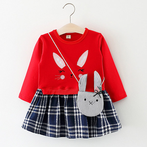 

Cute Rabbit Girls Dress For 6M-36M, Pink red grey
