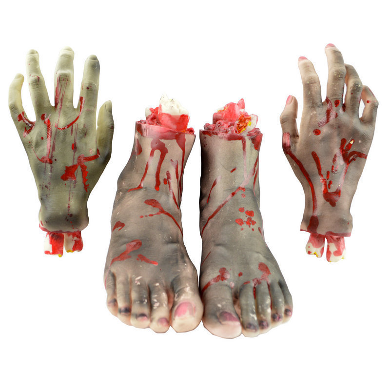 

2Pcs Halloween Horrible Scary Props Bloody Faked Human Arm Finger Leg Foot Decor, White