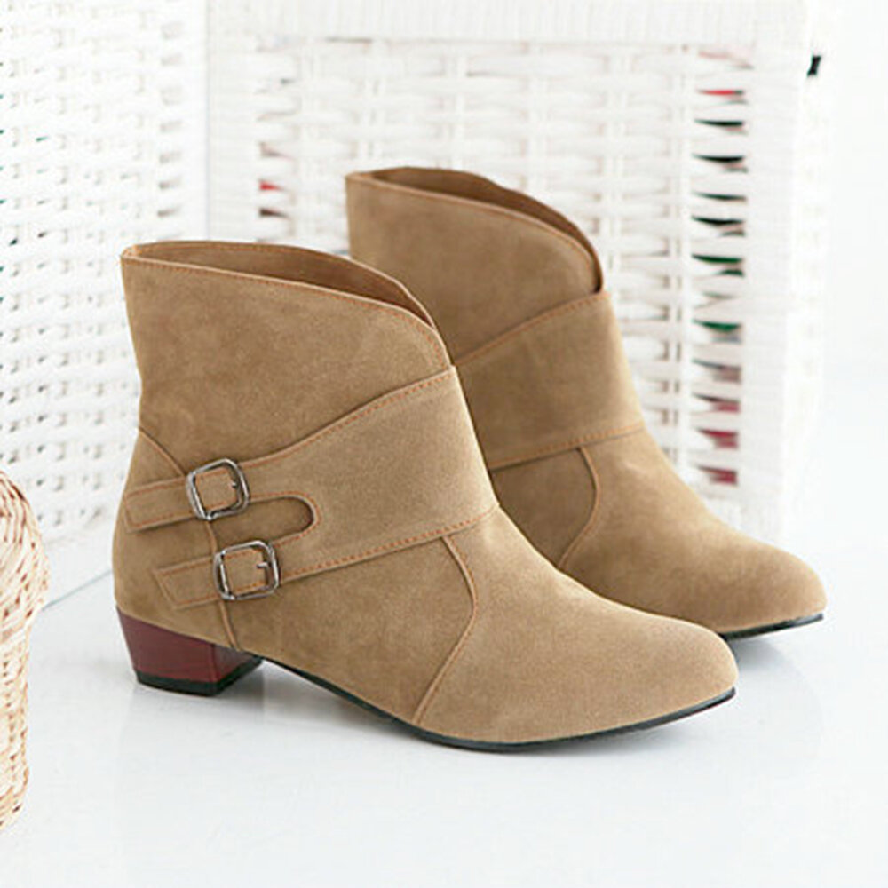 

Suede Double Buckle Chunky Heel Ankle Boots, Yellow red black pink brown white