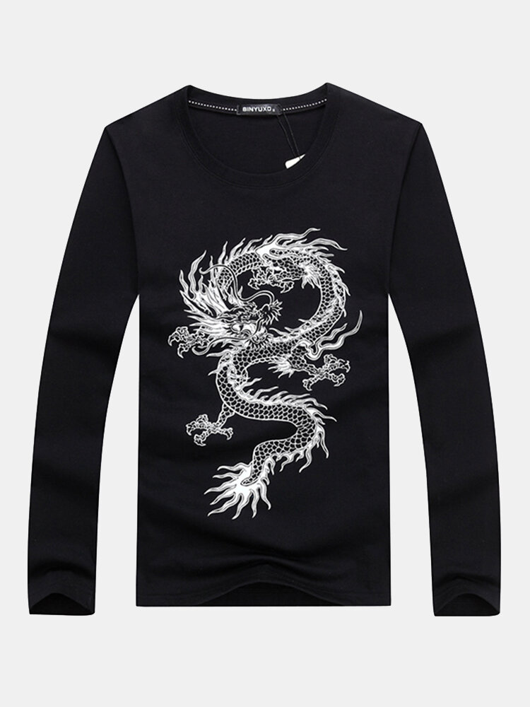 

Chinese Dragon Printing O-Neck Fashion T-Shirt, White grey black darkblue