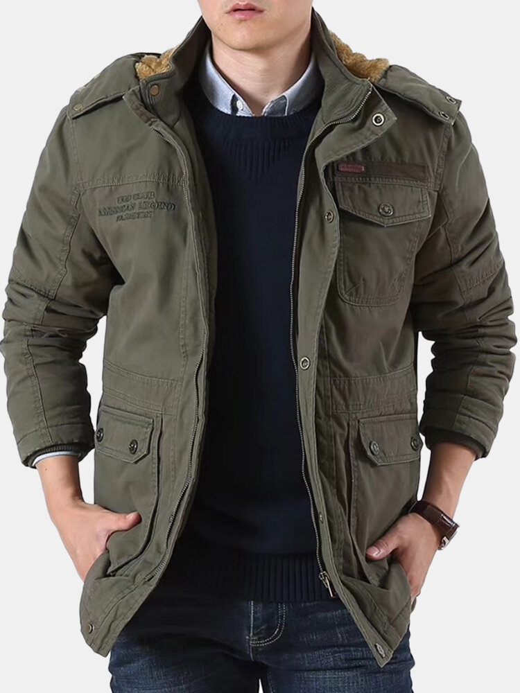 

Mens Mid Length Thicken Fleece Zipper Warm Jacket, Khaki army green