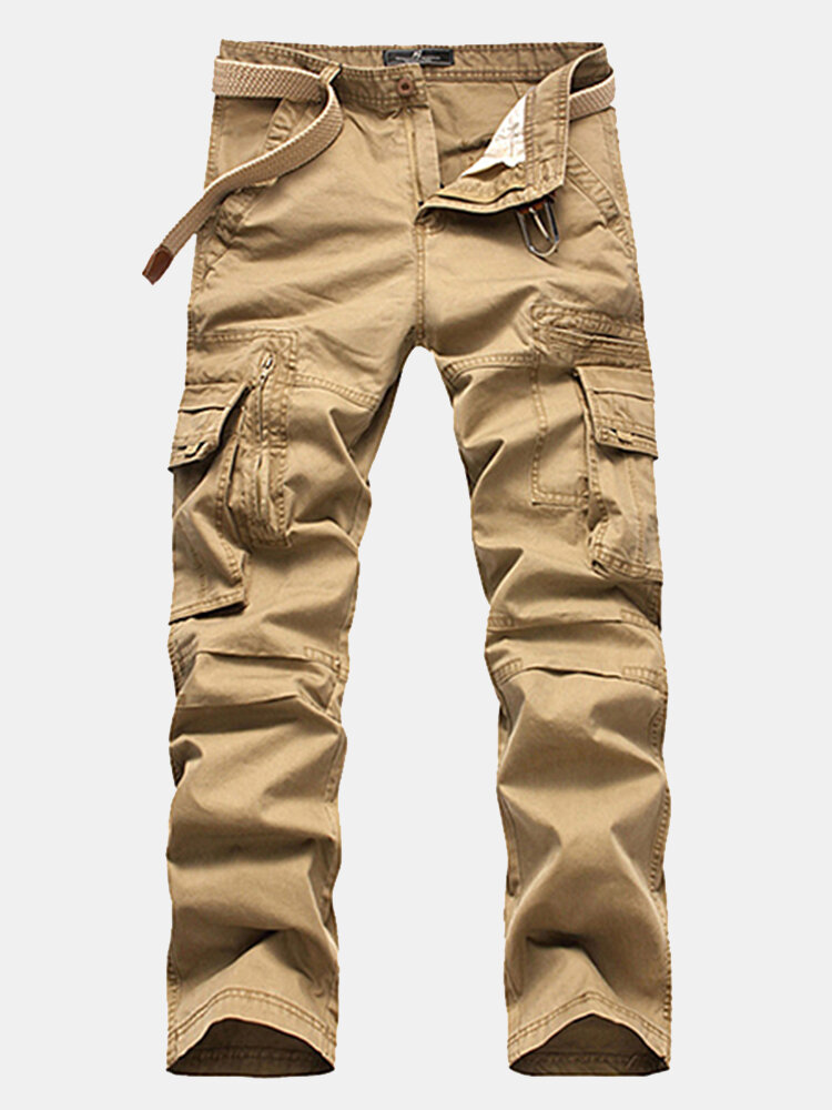 Mens Cotton Cargo Pants Straight Leg Solid Color Zippered Multi-pocket ...