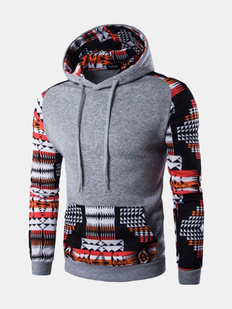 

Mens Hoodies Ethnic Style Pattern Printing Stitching Front Pocket Sport Hooded Tops, Light gray dark gray black red lake blue wine red navy coffee blue