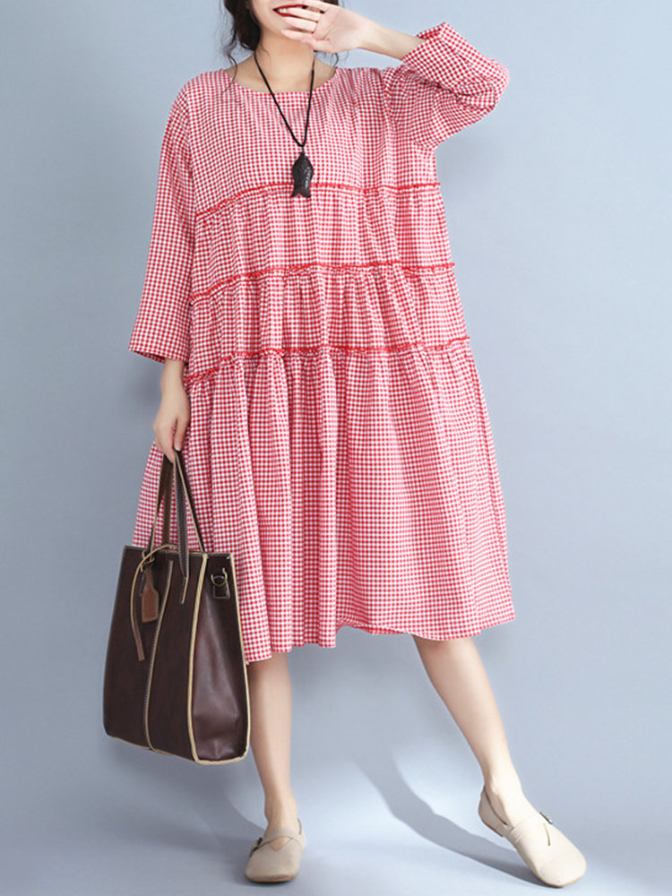 

Casual Splicing Red Plaid Printed Ruffle Long Sleeves Dresses
