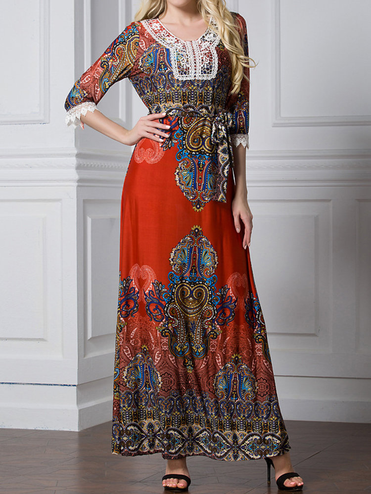 

Bohemian Print Lace Maxi Dress, Orange red