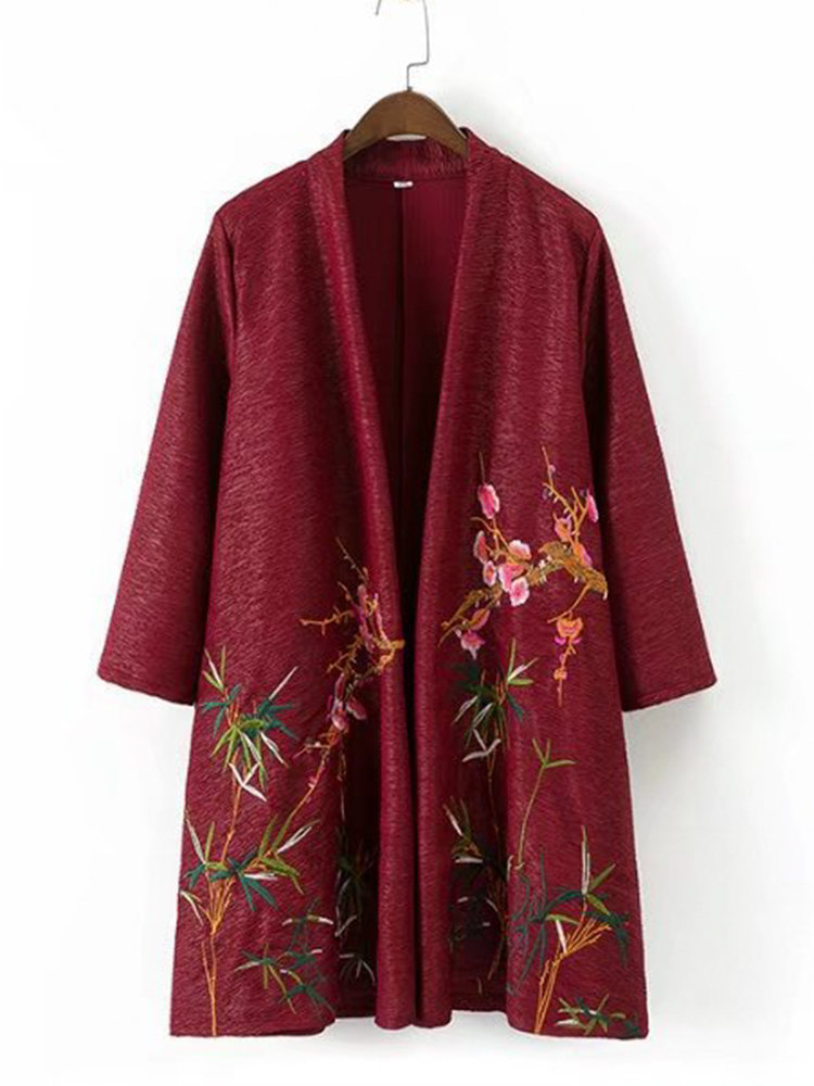 

Folk Style Embroidered Women Kimonos, Navy wine red