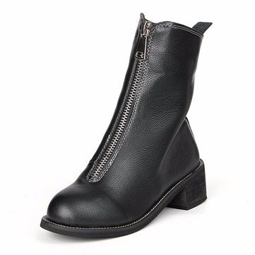 Black Zipper Mid Calf Knight Military Vintage Square Heel Boots