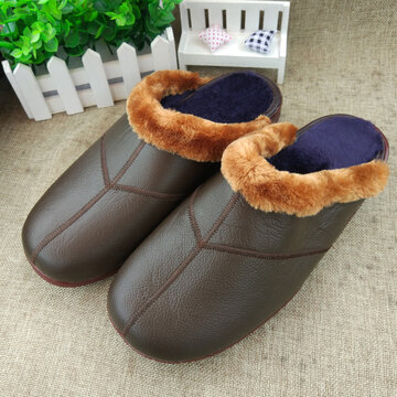 Men's Leather Waterproof Soft Sole Non-slip Warm Fur Lining Slippers