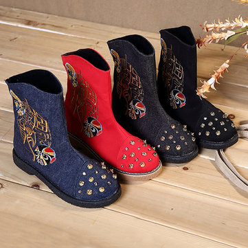 Rivet Opera Mask Embroidery Cotton Ankle Vintage Boots